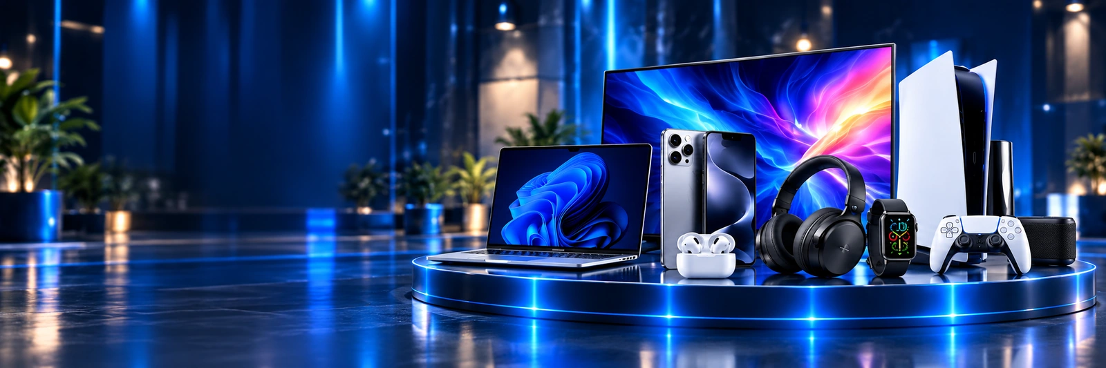 Une sélection high-tech sur une plateforme éclairée de bleu
