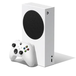 Xbox Series S vue de côté, profil mince et élégant, idéale pour les espaces réduits à Derbghalef, maroc.