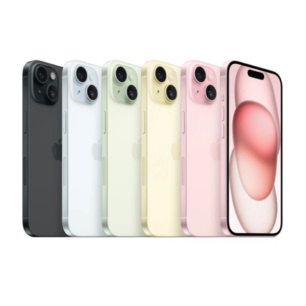 iPhone15 couleurs(noir, bleu, vert, jaune, rose)