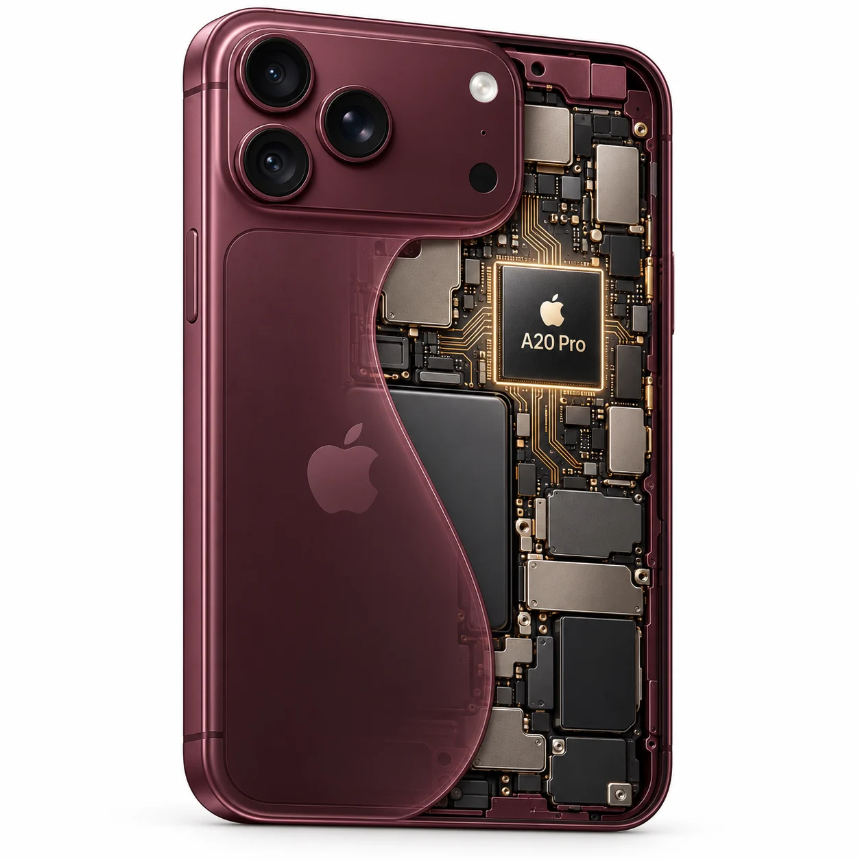 Illustration conceptuelle intérieure Apple iPhone 18 Pro Bordeaux avec puce A20 Pro, Prix Maroc Derb Ghallef